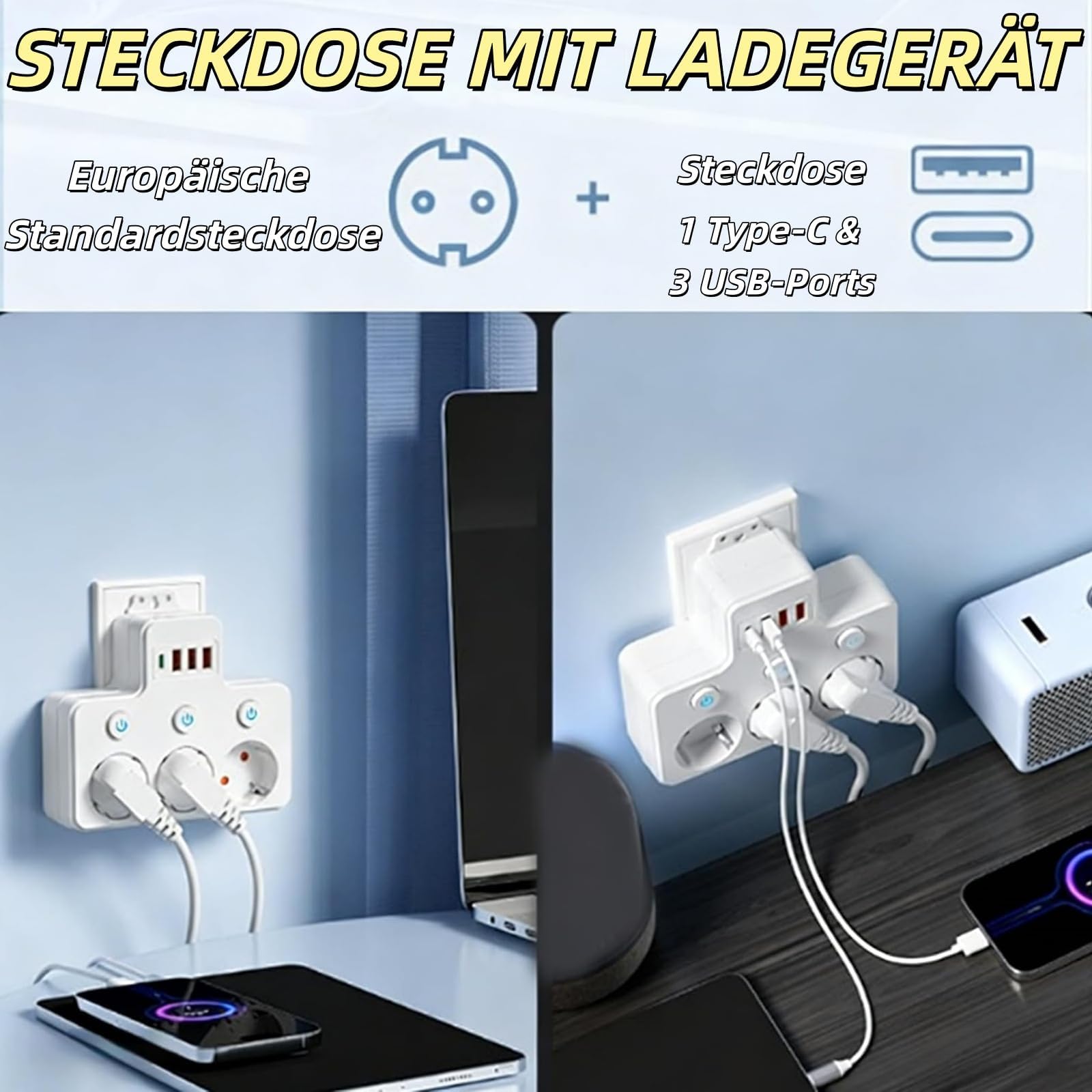 Kuisoe Power Strip 3 Slots 1 Type-C 3 USB White - slika 5