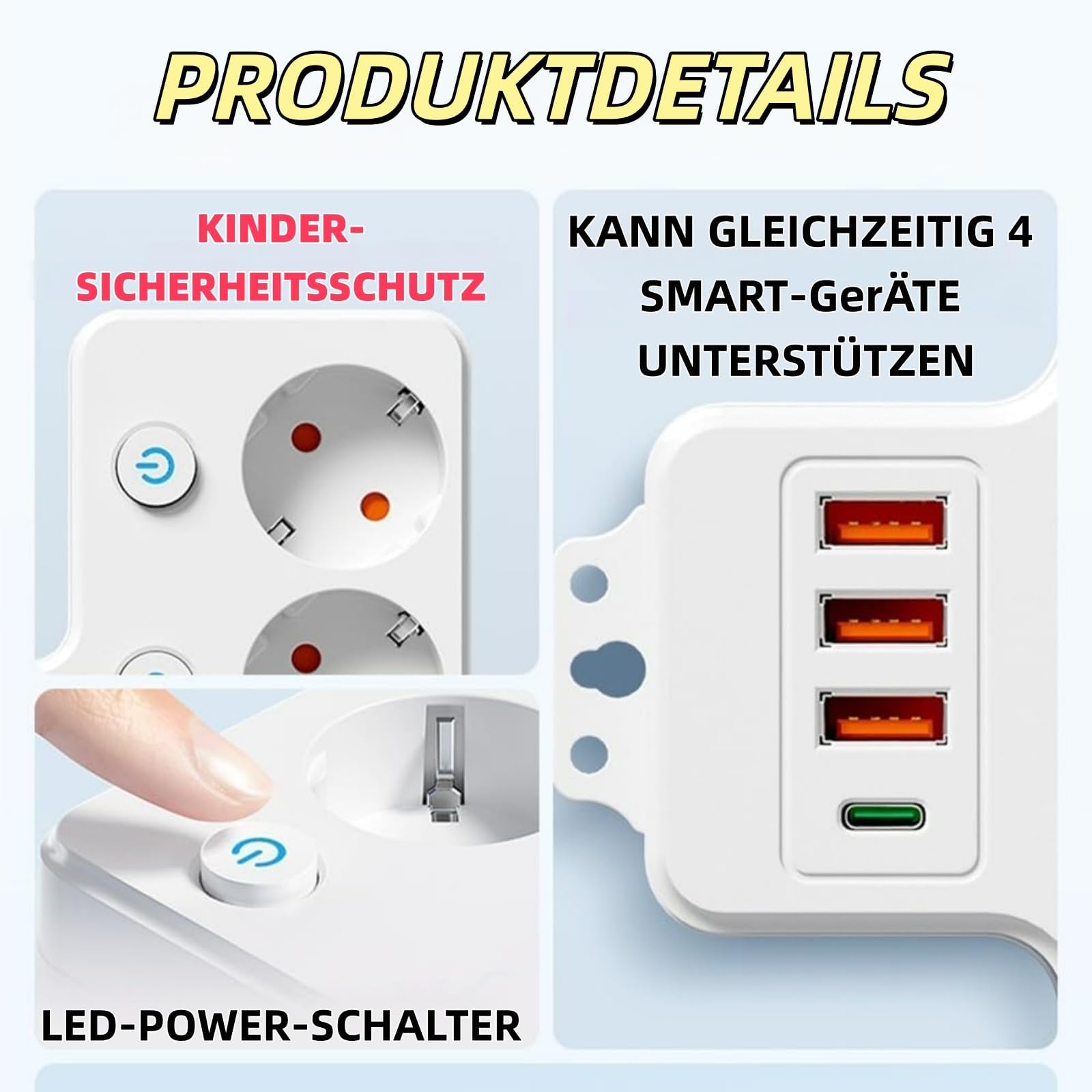 Kuisoe Power Strip 3 Slots 1 Type-C 3 USB White - slika 6